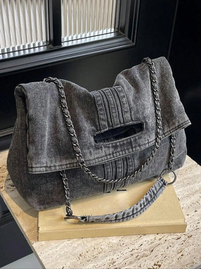 Women's Large-Capacity Denim Shoulder Bag, Chain Strap Crossbody Messenger Bag, Casual Daily Commuter Bag, Everyday Shoulder Bag, Fashion Chain Bag