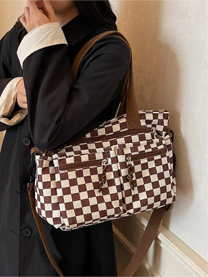 Checkered Corduroy Large Capacity Multi-pocket Crossbody Bag, Fashionable Patterned Bag, Casual Handbags, Casual Commuter Bag for Work and Daily Use, Lightweight Tote Bag