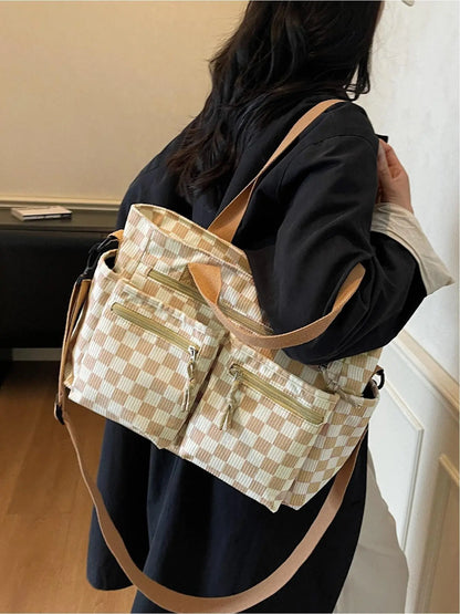 Checkered Corduroy Large Capacity Multi-pocket Crossbody Bag, Fashionable Patterned Bag, Casual Handbags, Casual Commuter Bag for Work and Daily Use, Lightweight Tote Bag